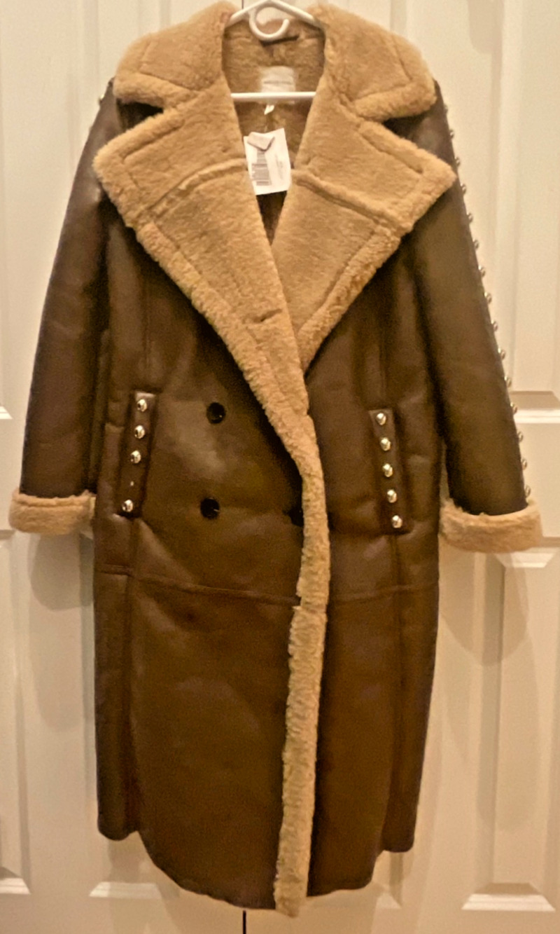 Avec Les Filles Studded Faux Leather Shearling Midi Coat Brown Women’s Size M